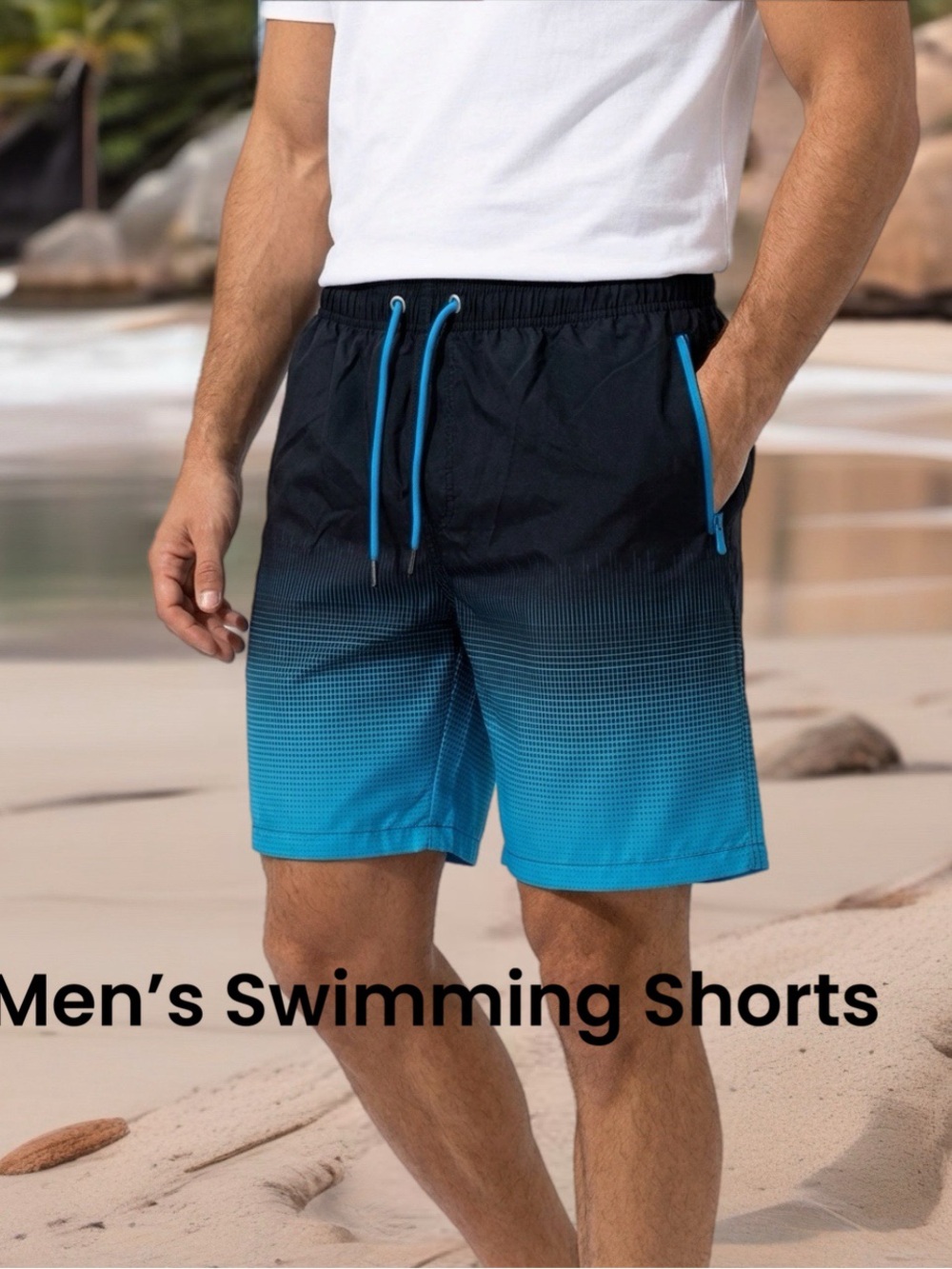 Amazon Men’s Black to Blue Ombre Swim Trunks with Bright Blue Accents